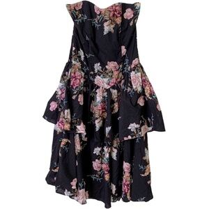 S.L. Fashions | Size 12 | Vintage Strapless Black Floral Tiered Drop Waist Dress